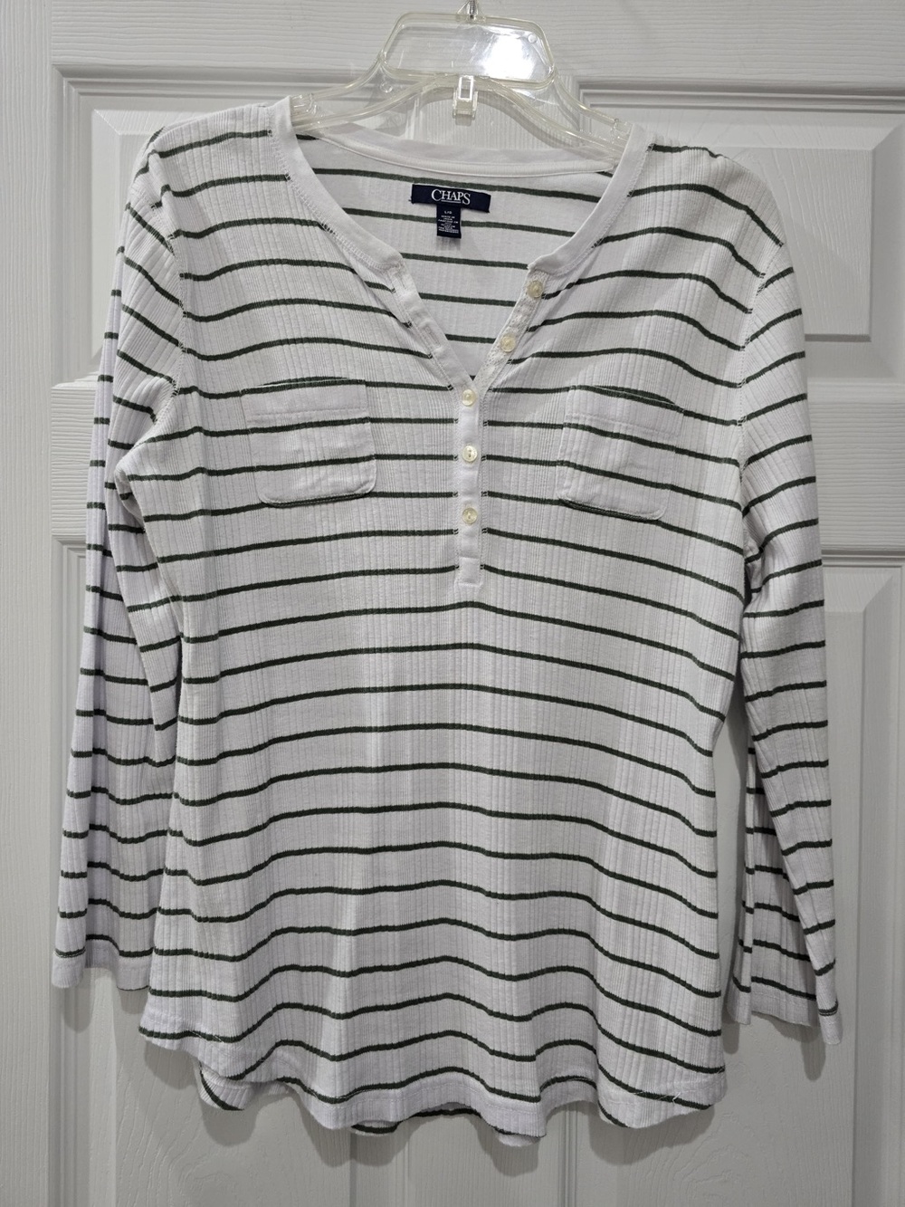 Chaps White Knit Henley with Dark Green Stripes Size L OFFERS WELCOME!!